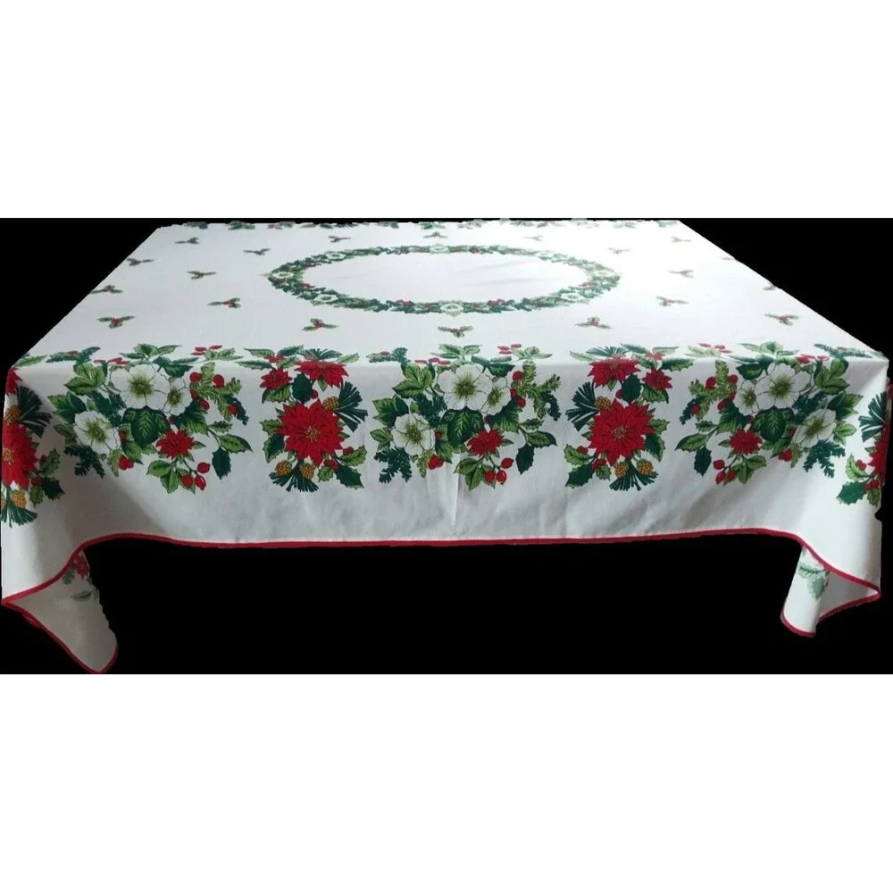 Vintage 52 x 74 Polyester Christmas Print Tablecloth Poinsettia/Holly Beautiful